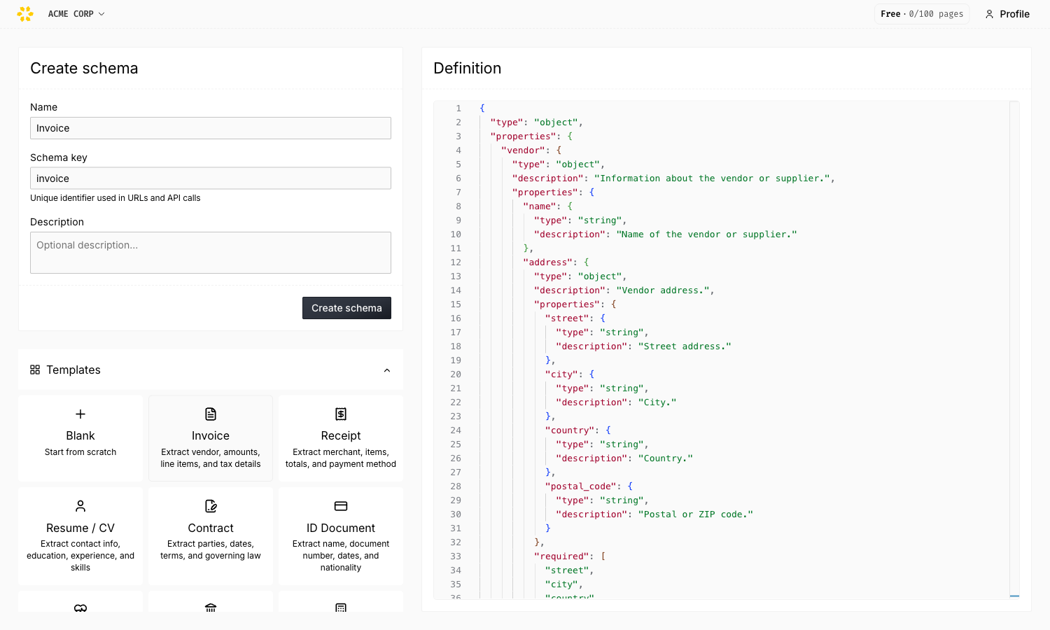 Creating a schema from a template